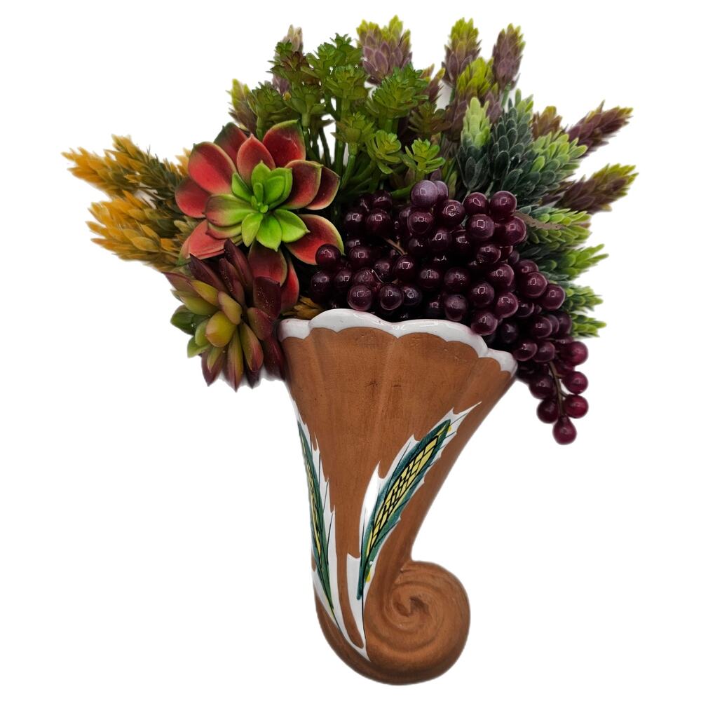 Vintage Art Pottery Wall Pocket Vase Cornucopia Wheat Motif - Artist Signed